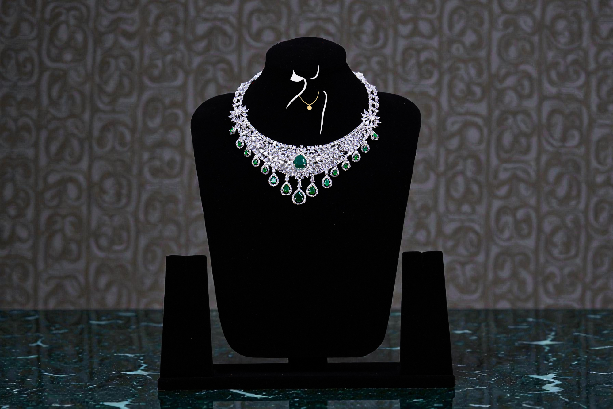 Platinum Water Drops with Emerald Stones